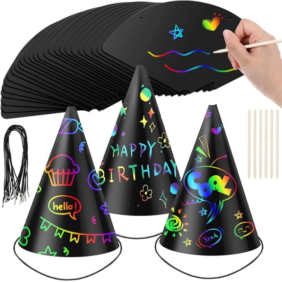 KonexialScratch Party Hats DIY Birthday Art Cone Scratch Hats Colorful Party Craft Paper Hat Decorating Supplies