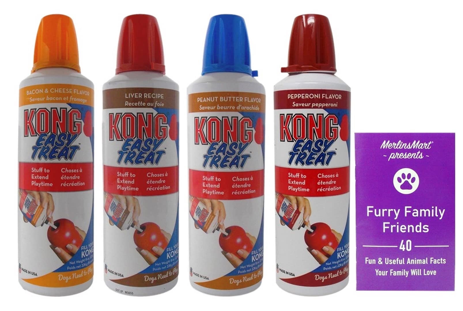 Kong Easy Treat Stuff Dog Toy Fill 4 Flavors (1) Each: Bacon Cheese, Liver, Peanut Butter, Pepperoni and MerlinsMart Zine