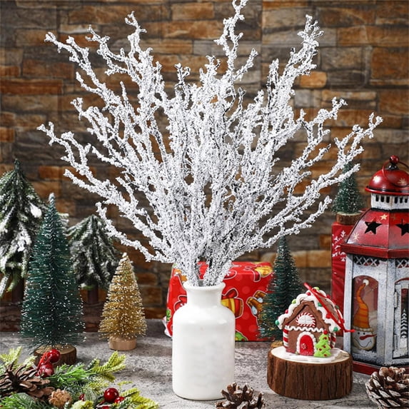 Konghyp 10 Pcs Snowy Branches Tree Picks 11 Inch Artificial Christmas Tree Branches Picks White Christmas Greenery Stems Frosted Tree Branches Twigs Stems for Xmas Tree Wreaths Home Table Decor