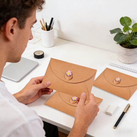 Konghyp 10Pcs Kraft Paper Envelopes, Decorative Brown Envelopes for Greeting Cards, Invitations, Letters, Cute Daisies Closure, Multi-purpose Use for Weddings, Events, and Gift Packaging