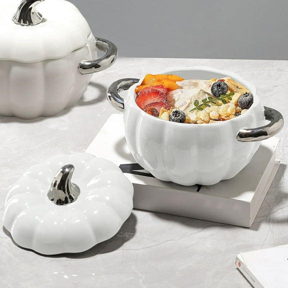 Konghyp 1800ML Ceramic Soup Bowl with Lid, Pumpkin Shape, Decorative Tableware for Halloween, Versatile Use for Soups and Beverages, Unique Gift Idea for Parties and Gatherings