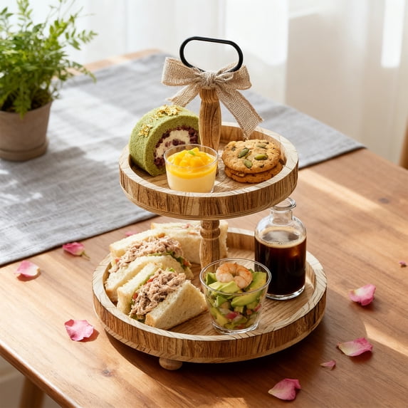 Konghyp 2-Tier Wooden Serving Tray with Handle, Dessert Stand, Kitchen Countertop Display, Multi-Functional Organizer, Ideal for Parties, Snacks, Fruits, Versatile Home Décor