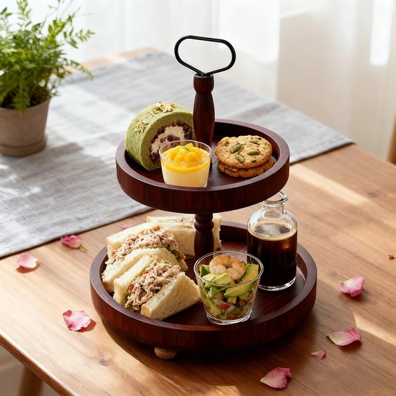 Konghyp 2-Tier Wooden Serving Tray with Handle, Dessert Stand, Kitchen Countertop Display, Multi-Functional Organizer, Ideal for Parties, Snacks, Fruits, Versatile Home Décor