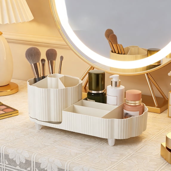 Konghyp 360° Rotating Makeup Organizer, Multi-Compartment Cosmetic Storage Box for Brushes Lipsticks Eyeshadow, Vanity Display Stand with Swivel Base