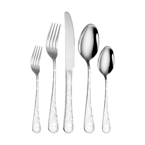 Konghyp 5-Piece Skull Stainless Steel Cutlery Set Halloween Patterned Knife Fork And Spoon, Unique Gothic Design, Easy to Clean, Table Decor, Practical Dining Utensils, Elegant Skull Motif
