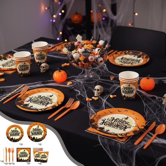 Konghyp 60 Piece Halloween Themed Party Decoration Supplies, Paper Plates and Cups, Eco-Friendly Tableware, Complete Set for Gatherings, Disposable Dining Essentials, Lightweight and Leak Proof