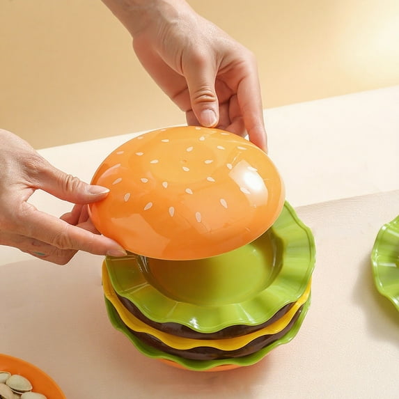 Konghyp Adorable Burger Style 7-piece Dinnerware Set, Stackable Plates for Snacks, Novelty Tableware Gift for Parties, Dishwasher-Safe Plastic Plates, Versatile Kitchen Decor