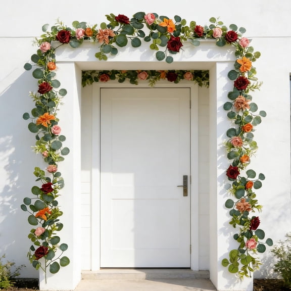 Konghyp Artificial Money Leaf Flower Vine Garland, Silk Rose Hanging Rattan Decorative Vine, Wedding Arch Backdrop Faux Flower Garland, Long Artificial Floral Vine for Home Party Event Decor
