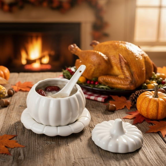Konghyp Ceramic Pumpkin Stew Cup, Waterproof Soup Cup, Multi-Use Dessert Bowl, Kitchen Cookware, Ideal for Steamed Eggs, Gift for Thanksgiving and Halloween