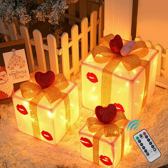 Konghyp Christmas Light Box Set of 3, LED Gift Boxes Decoration, Outdoor Indoor Christmas Decor, Remote Control Included, Festive Lights for Home Patio Yard, Illuminate with Warm White Lights
