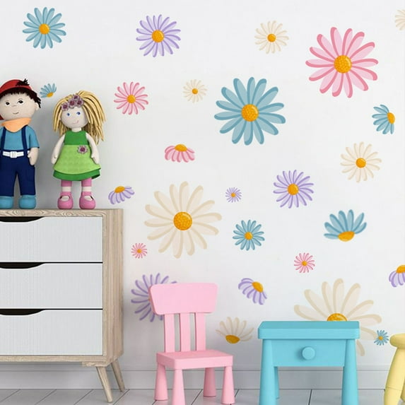 Konghyp Colorful Daisy Floral Background Wall Stickers – Self-Adhesive Decorations for a Warm Bedroom Atmosphere, Perfect for Easy Home Makeovers and Personalizing Your Space