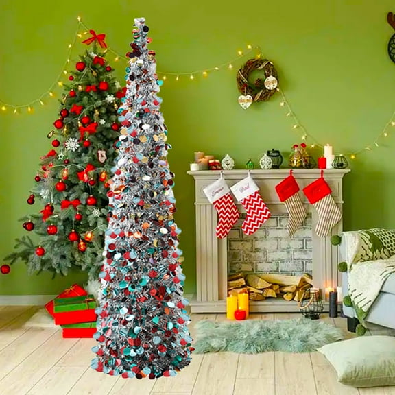 Konghyp Colorful Round Pagoda Christmas Tree, Retractable Folding Pops Up Tree, Sequin Sparkle Artificial Tree, Plastic & Metal Xmas Tree, Easy-Install Space-Saving Tree, Multi-Scene Holiday Decor
