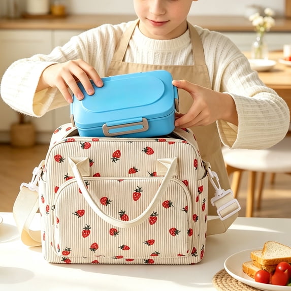 Konghyp Corduroy Lunch Bag Insulated Thermal Cooler Tote, Reusable Leakproof Lunchbox with Adjustable Strap, Stylish and Practical for Work, Office, Picnic, Day Trips