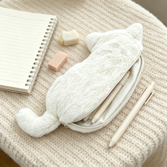 Konghyp Cute Cat Plush Pencil Case, Large Capacity Soft Fluffy Stationery Pouch, Smooth Zipper Design, Multifunctional Storage Bag for Daily Supplies Cosmetic Organizer