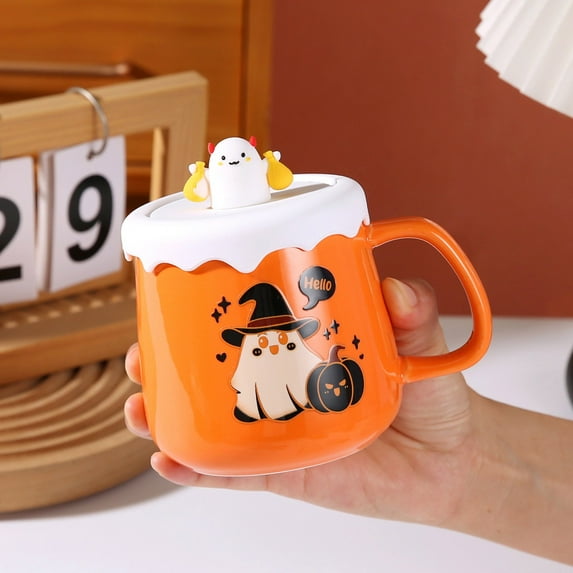 Konghyp Funny Ghost Ceramic Mug With Lid, Cute Drink Cup, Adorable Halloween Gift Set, Office Decorative Water Cup, Unique Party Ornament