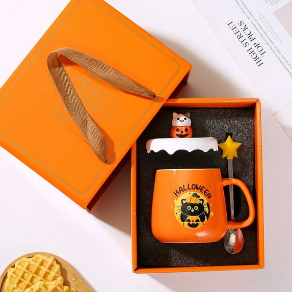 Konghyp Funny Ghost Ceramic Mug with Lid, 400ml Office Water Cup, Unique Halloween Gift Set with Spoon, Cute & Functional Household Decoration