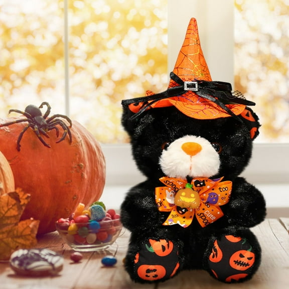 Konghyp Halloween Bear Doll with Hat, Soft Teddy Bear with Cute Halloween Bow Tie, Decorative Plush Toy for Holiday, Party, and Home Decor, Collectible Halloween Gifts