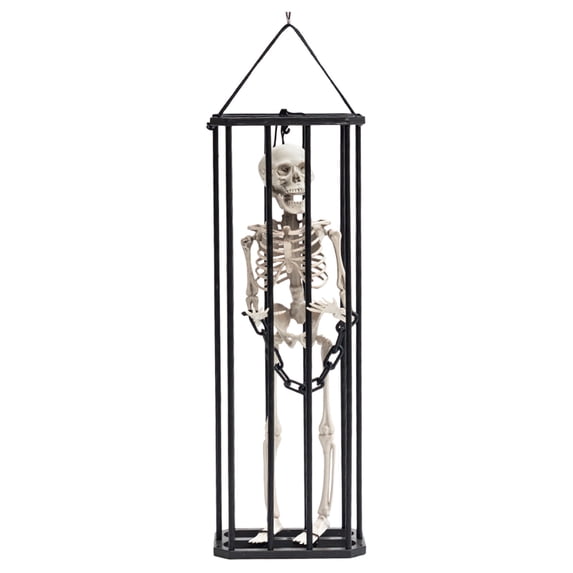 Konghyp Halloween Hanging Decoration Cage Ghost, Motion Activated Skeleton Prisoner, Creepy Party Prop for Haunted House, Animated Scare Device, Unique Halloween Decor