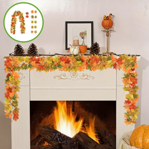 Konghyp Halloween Thanksgiving Decorations Maple Leaf Garland, Artificial Leaf Rattan for Indoor Home Decor, Perfect for Fireplace, Parties, Christmas, Fall Festivals, Halloween Gifts