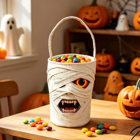 Konghyp Halloween Tote Bag, Mummy Candy Bag, Funny Decoration, Handheld Storage Bag, Creative Props for Parties, Lightweight Fabric Halloween Bag, Reusable Trick or Treat Bag
