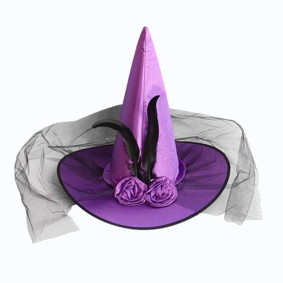 Konghyp Halloween Wizard Hat, Flower Tulle Trims, Party Costume Accessory, Themed Gathering Outfit, Foldable and Lightweight Design, Glamorous Satin Fabric, Ideal for Festivals and Celebrations