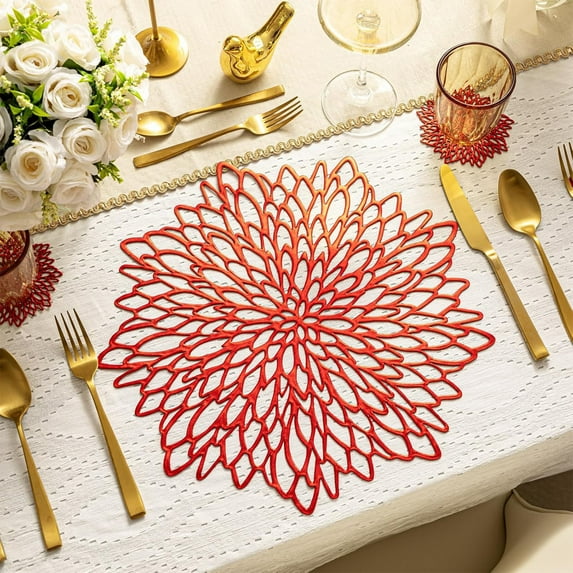 Konghyp Hibiscus Flower Hollow Placemat, Decorative Table Mat for Weddings, Elegant Dining Accessories, Durable Vinyl Tableware, Perfect for Home and Events