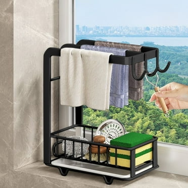 Konghyp Kitchen Rag Rack Countertop Storage Shelf – Multifunctional Sponge Drainer and Towel Rack – Keeps Your Kitchen Organized and Dry with Efficient Storage Solutions.