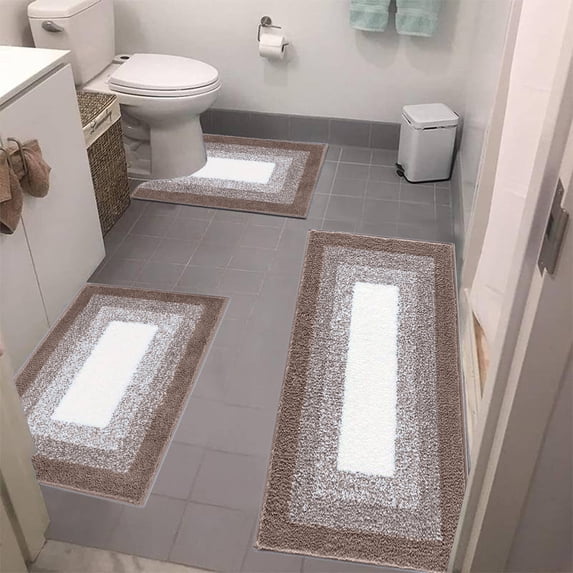 Konghyp Microfiber Rug Set 3 Piece Bathroom Rug Set Soft Absorbent Non-Slip Bath Mats Washable for Toilet Tub Shower, Plush Floor Mats, Modern Bathroom Decor