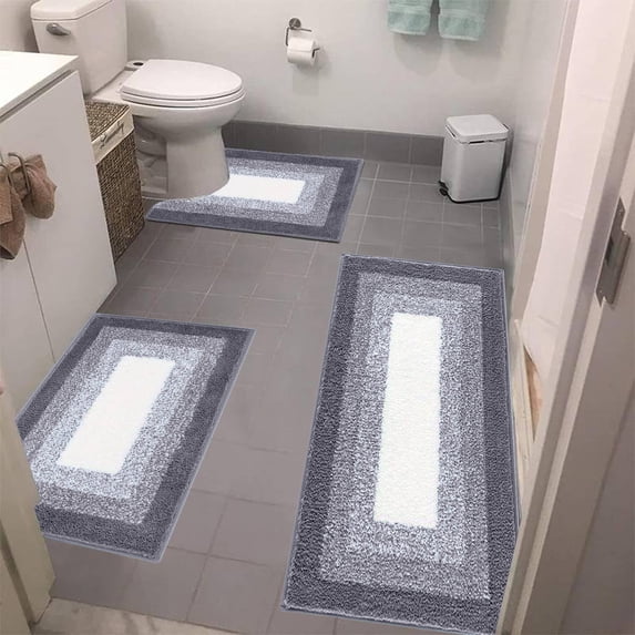 Konghyp Microfiber Rug Set 3 Piece Bathroom Rug Set Soft Absorbent Non-Slip Bath Mats Washable for Toilet Tub Shower, Plush Floor Mats, Modern Bathroom Decor