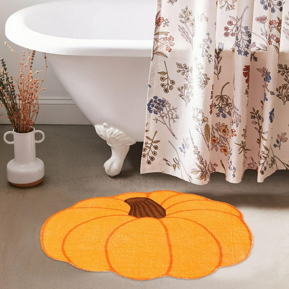 Konghyp Orange Pumpkin Bath Mat, Non-Slip Bathroom Rug, Cute Shaped Tub Shower Rug, Washable Microfiber Floor Mat, Fall Decor, Pumpkin Shaped Carpet