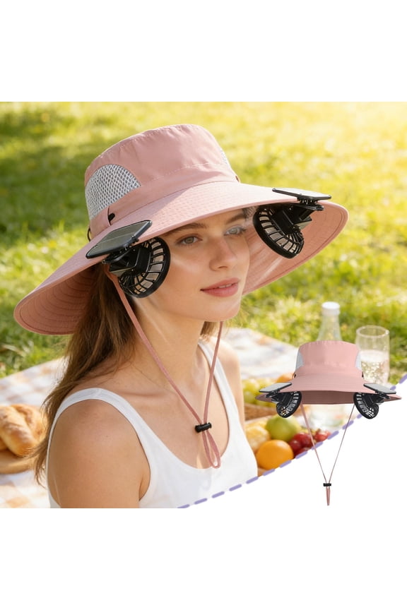Outdoor Cooling Sun Hat with Solar Fan, Breathable Mesh, Waterproof, Perfect for Hiking Fishing Gardening, Unisex Summer Hat, Adjustable Wide Brim, USB Solar Powered Ventilation