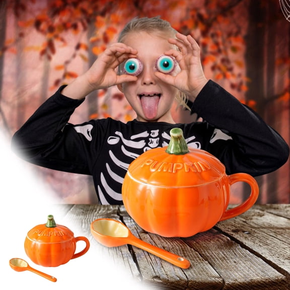Konghyp Pumpkin Cup With Lid Spoon Cute Breakfast Mug Halloween Ceramic Coffee Tea Mug, Versatile Beverage Container, Unique Gift for Halloween Lovers, Fun Kitchenware