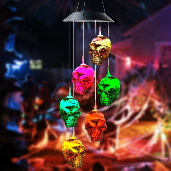 Konghyp Skull Solar Wind Chime Lights, Halloween Decoration, Solar Powered LED Light, Outdoor Skeleton String Light, Spooky Garden Decor, Colorful Windchime