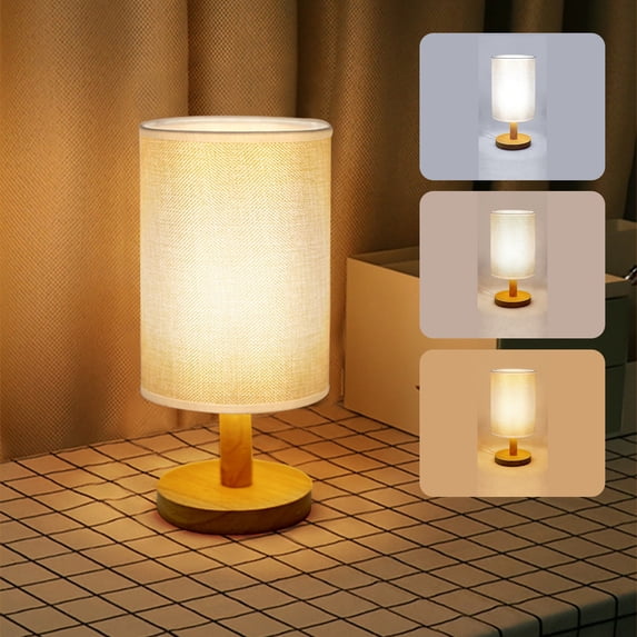 Konghyp Table Lamp for Bedroom – 3-Way Dimmable Nightstand Lamp with Round Flaxen Fabric Shade, Solid Wood Base, LED Bulb Included, Modern Desk Lamp for Living Room