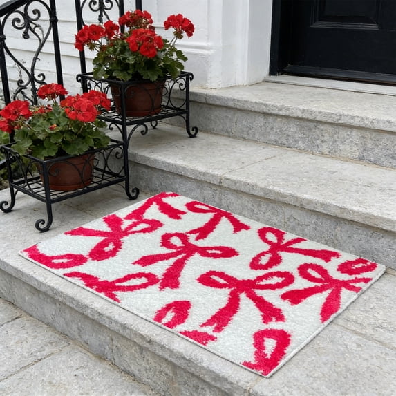 Konghyp Valentines Day Rug Bow Decor, Plush Non-Slide Carpet, Romantic Home Decor Gift for Anniversaries, Soft Area Mat for Bedroom and Living Room, Elegant Decorative Floor Mat