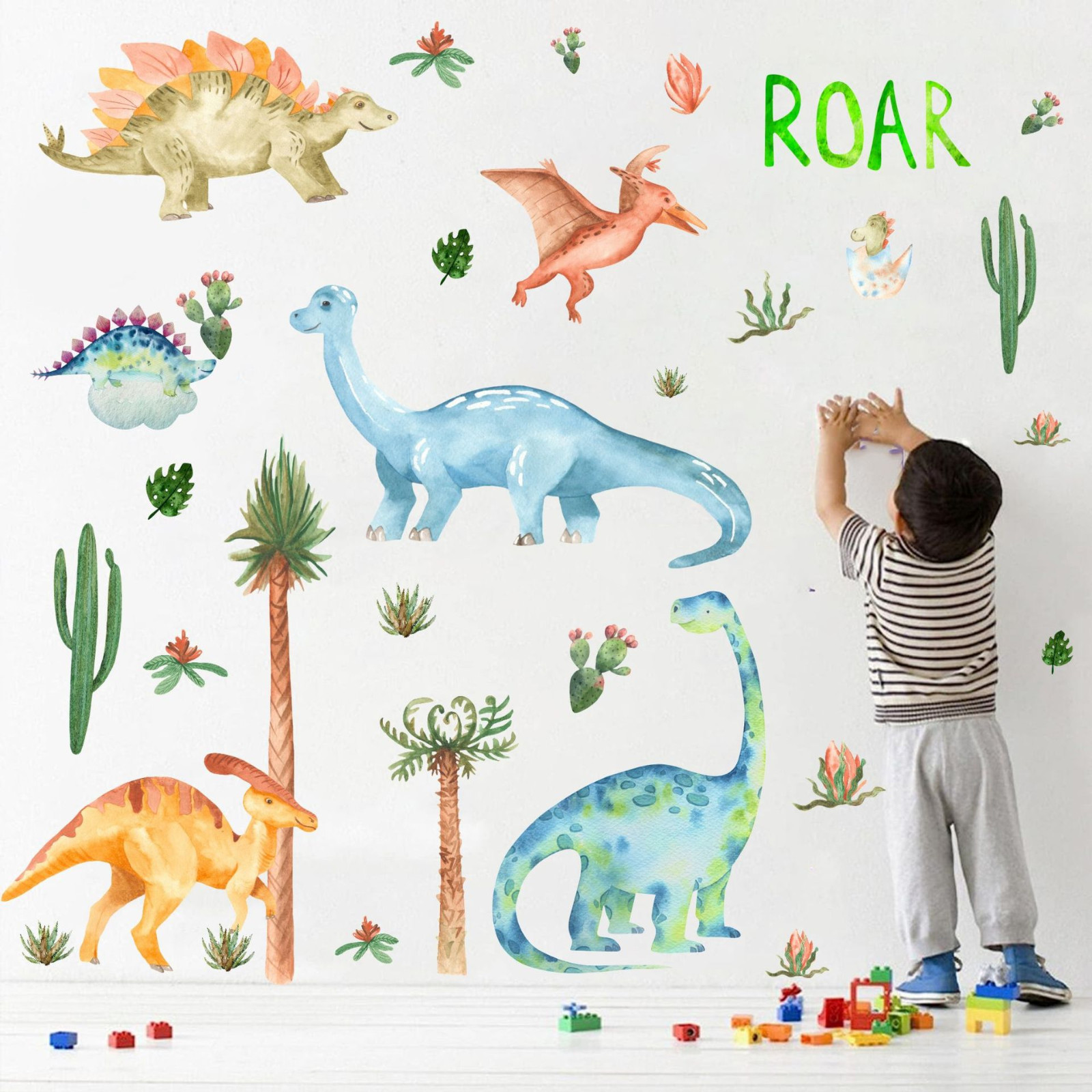 Konghyp Watercolor Dinosaur Children Wall Stickers: Adhesive Decals Featuring Plants, Animals, And Cactus For Boys' Bedroom Decor