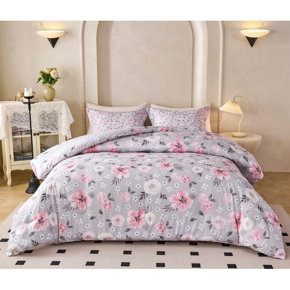 Koniroom 2PCS Pink Grey Floral Comforter Set Twin Size, Kids Teen Girls Watercolor Botanical Boho Bedding Sets with Cute Flowers