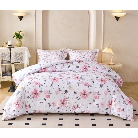 Koniroom 2PCS Pink and White Floral Comforter Set Queen Size, Kids Teen Girls Watercolor Botanical Bedding Sets with Cute Flowers for Children