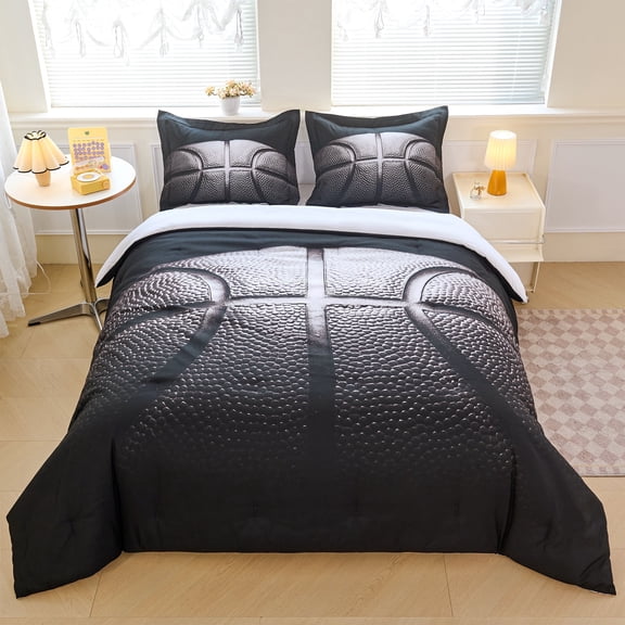 Koniroom 2Pcs Basketball Comforter Set Twin Size, Black and Gray 3D Sports Bedding for Boys, Soft Microfiber, Black Gray