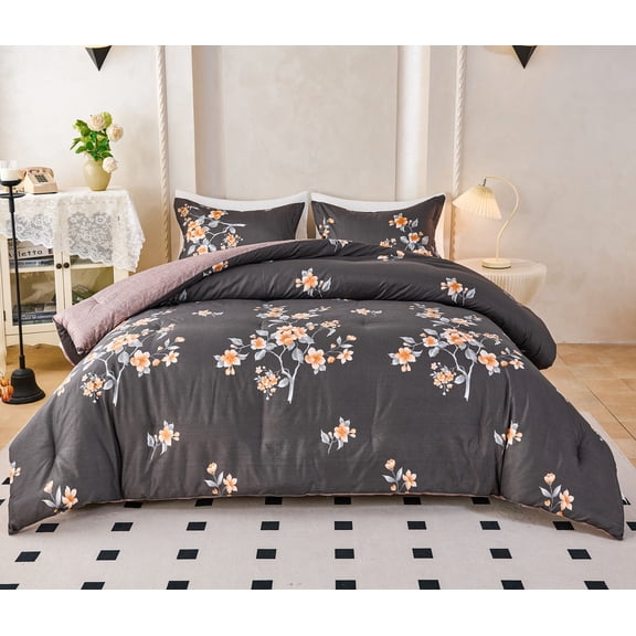 Koniroom 2Pcs Dark Grey Floral Comforter Set Twin Size – Reversible Blossom Bedding with Orange Flower Blooms, Modern Glam