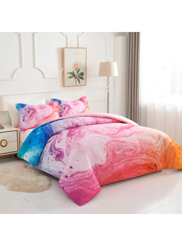 Koniroom 3-Piece Abstract Marble Comforter Set, Blue Pink Purple, Kids Bedding Set for Girls Full/Queen Size