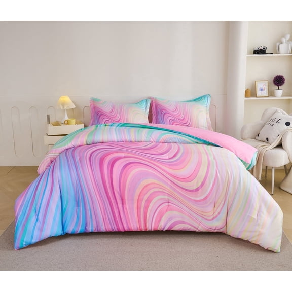Koniroom 3-Piece Abstract Tie Dye Comforter Set, Blue Pink Purple, Kids Bedding Set for Girls Full/Queen Size