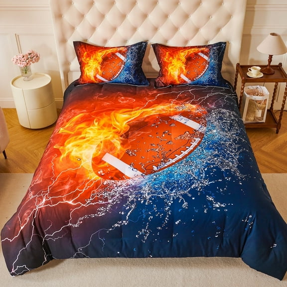 Koniroom 3-Piece Fire and Water Football Comforter Set Full Size for Boys - Bold Sports Bedroom Decor - Themed Bedding Gift Idea