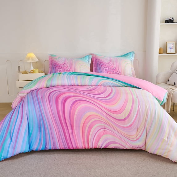 Koniroom 3-Piece Girls Pastel Swirl Rainbow Comforter Set Full Size, Blue Pink Purple, Kids Bedding Set