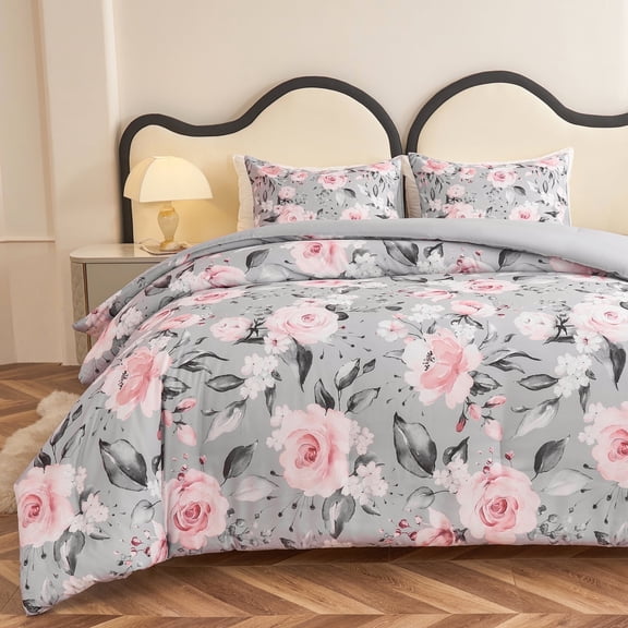 Koniroom 3-Piece Pink Floral Comforter Set Queen Size - Romantic Rose Pattern Bedding with Pillow Shams, Soft and Reversible for All Seasons