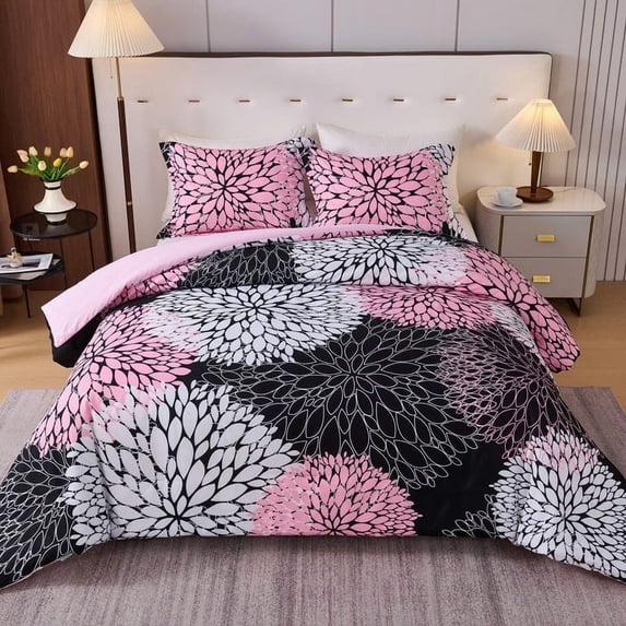 Koniroom 3 Pieces Black Pink Floral Comforter Set King Size, Botanical Bedding Sets with Cute Flowers for Women Teen Girls (104x90 Inches)