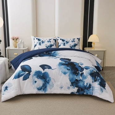 Koniroom 3 Pieces Blue and White Floral Comforter Set King Size, Flower Bedding with Watercolor Flowers Pattern for Women, Reversible All Season Comforter with 2 Pillow Shams