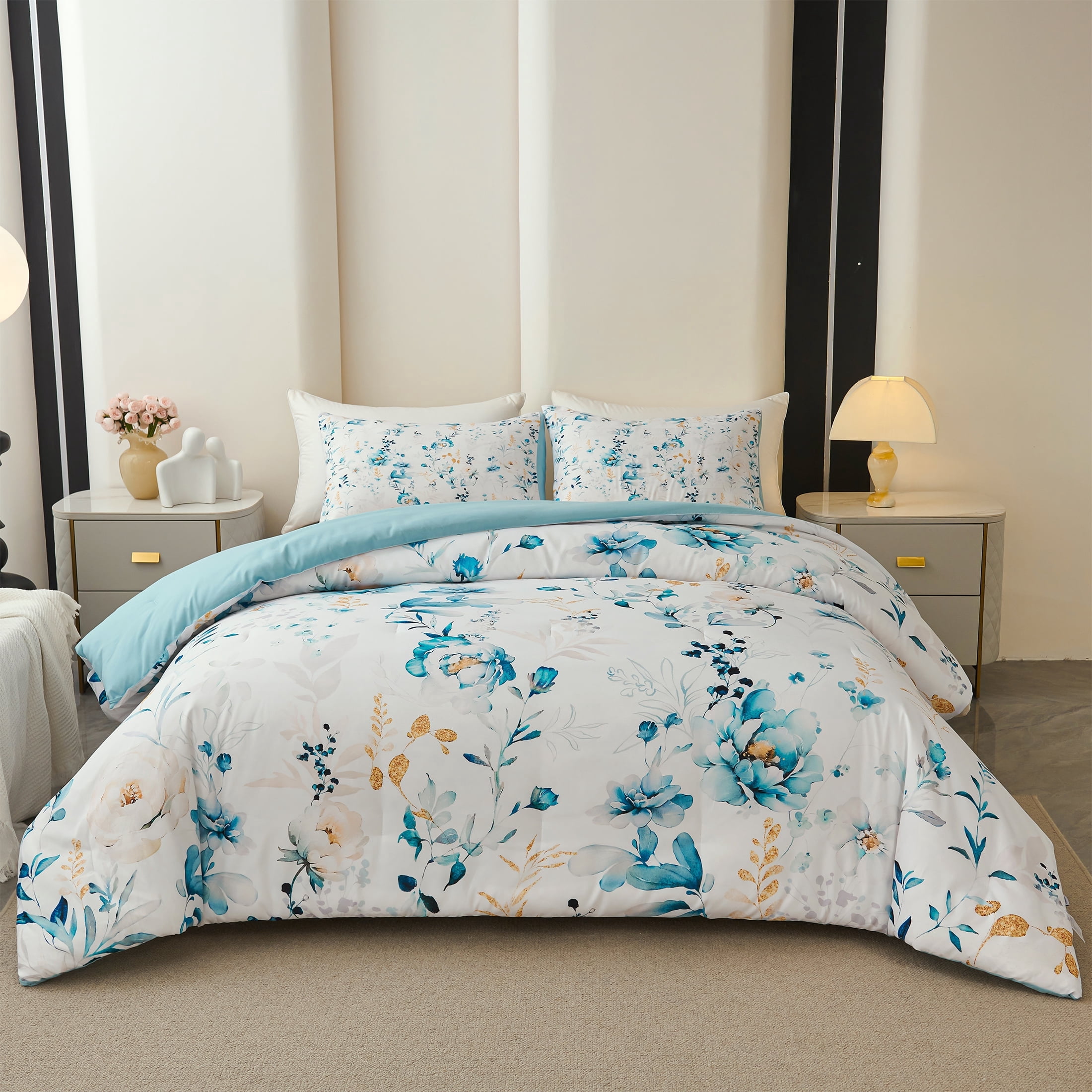 Koniroom 3 Pieces Floral Comforter Set King Size, Reversible Blue and White Flower Bedding with Peonies, Roses, Wildflowers, Leaves, and Branches Pattern for Women