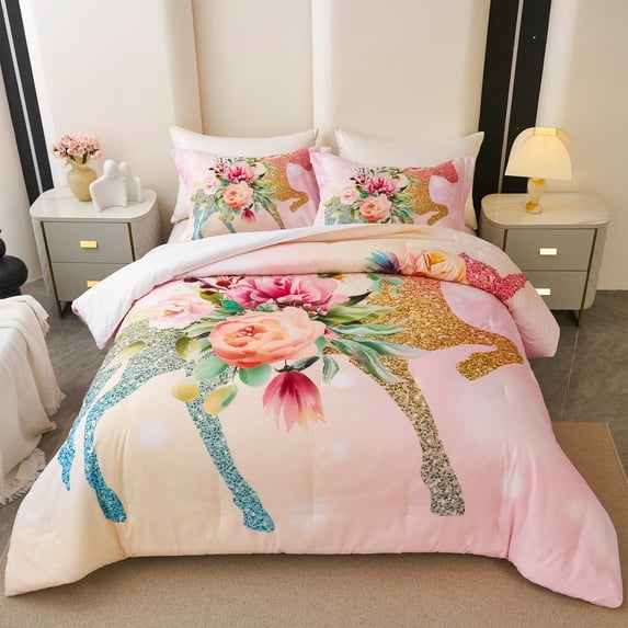 Koniroom 3 Pieces Floral Glitter Unicorn Comforter Set Queen Size for Girls, Kids Bedroom Decor Soft Reversible Cute Bedding, All Season Bed Set, Pink