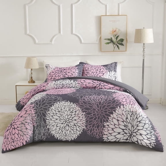 Koniroom 3 Pieces Gray and Pink Floral Comforter Set Full Size, Botanical Bedding Sets with Cute Flowers Printing for Women Teen Girls All Season